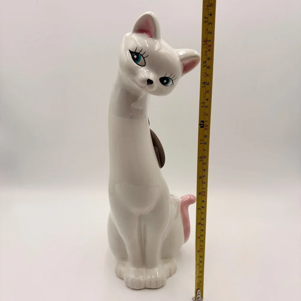Bath & Bloom White Ceramic Long Neck Cat Toilet Brush Holder Pink Tail 17 Inch